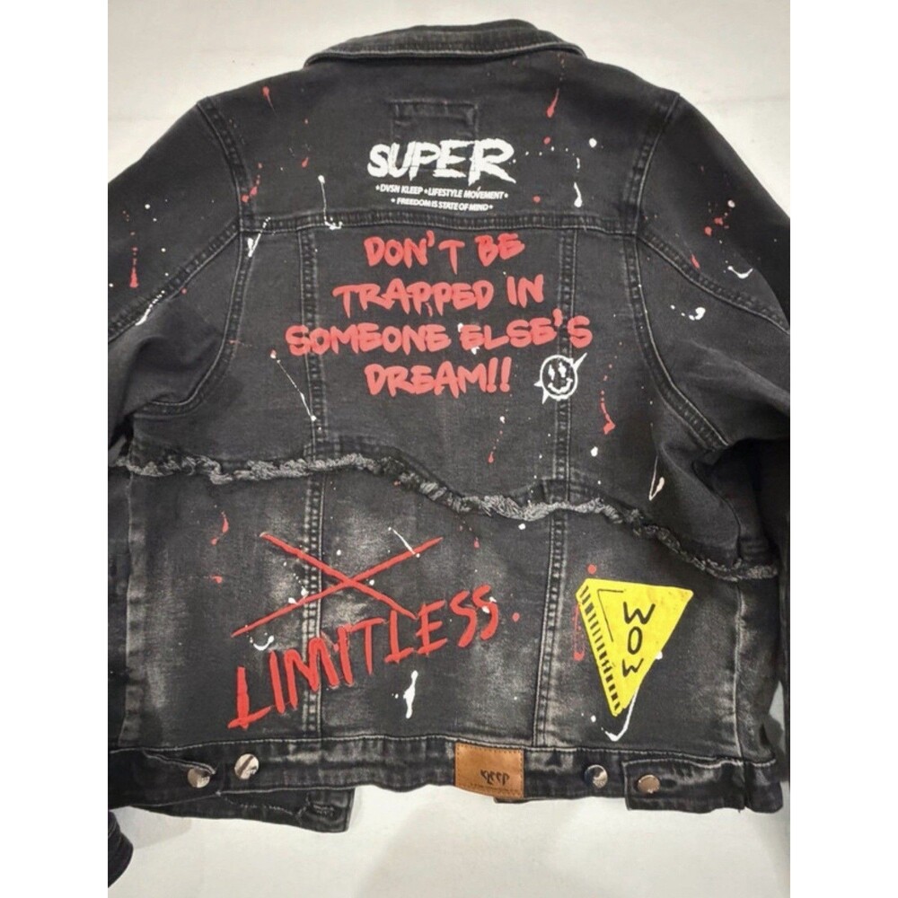 KLEEP Unisex Denim Jacket XS S Graffiti Patchwork Distressed Punk Streetwear - Picture 5 of 9